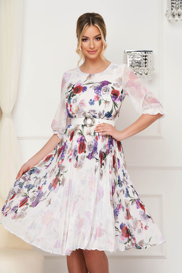 Rochie midi eleganta plisata din voal clos cu elastic in talie si imprimeu floral