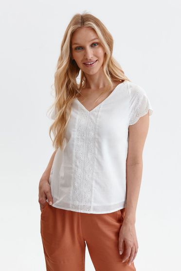 White women`s blouse loose fit cotton embroidered